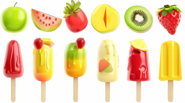 A set of realistic 3D modern icons featuring fruit ice cream, a lolly on a stick, and a frozen fruity popsicle. Packed in colorful green, yellow and red summer desserts, made with fresh juice