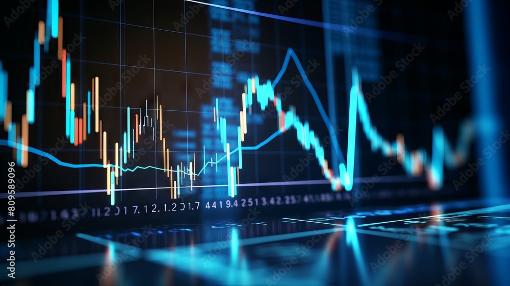 Poster detailed analysis of stock market trends: zoomed-in view of rising candlestick chart patterns on a b