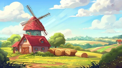 Rural picture of windmill and barn on farm with hay stacks on field and windmill under cloudy sky. Summer or fall farmland picture. Cartoon modern illustration of a rural scene.