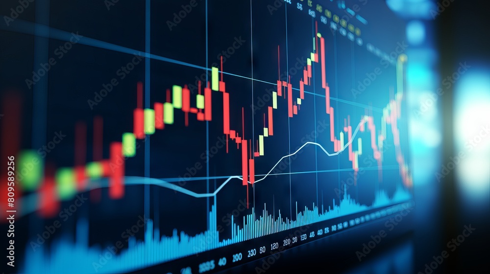 Poster detailed analysis of stock market trends: zoomed-in view of rising candlestick chart patterns on a b