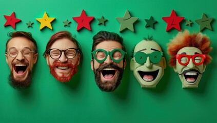 Frame a comedic scenario where customer rating icons hilariously attempt to imitate famous personalities, their exaggerated efforts adding humor against a vibrant green surface.