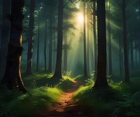 the sun shines through trees in the woods with leaves on the ground.generative.ai 