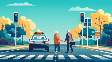To help the elderly person cross the road, a traffic warden offers to take their hand.