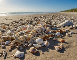 Experience the joy of beachcombing with our image of sandy shores dotted with seashells and driftwood, waiting to be discovered