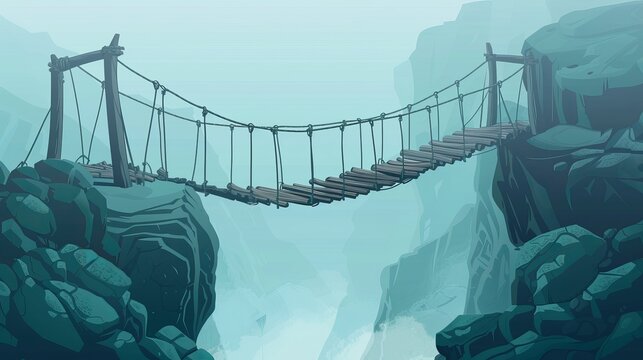 Fototapeta The rope bridge hangs above the foggy hillside, scenery rocky landscape background in this cartoon modern illustration. Trees are suspended from the rope bridge and the wooden bridgework connects the