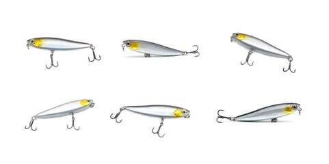 Set of illustrations. Collection of silver fish shaped plug lures with slight gold sparkles and...