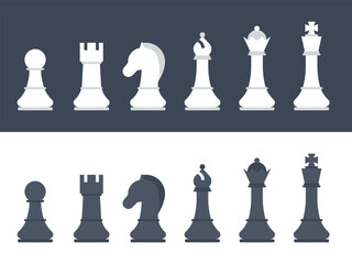 Vector illustration showcases a collection of chess pieces in classic black and white colors
