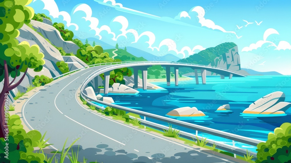 Wall mural an overpass road along the sea shore with mountains and green trees. modern cartoon landscape of an 