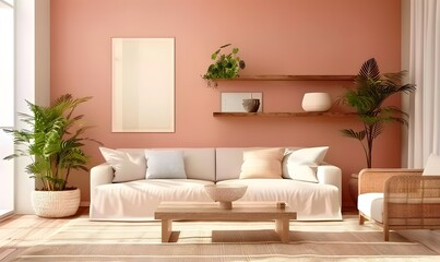 Scandinavian interior design of modern living room, home with shelf in peach wall.