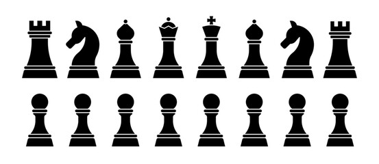 A complete set of chessboard pieces illustrated in a flat vector graphic style