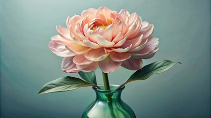 Obraz premium Pink peony flower in a vase on a blue background.