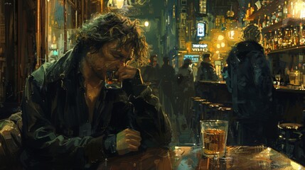A lone writer sipping whiskey in a dimly lit London pub, his face contemplative and serene