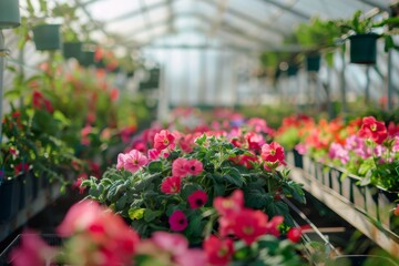 Fototapeta premium A close and selective focus shot of pink flowers among a greenhouse's wide selection