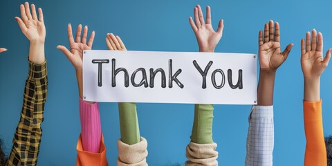Multiple arms of diverse skin tones raised and holding a sign that says 'Thank You' appreciatively
