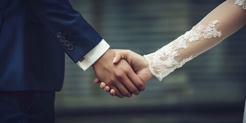 A close-up view of a newlywed couple's handshake, symbolizing unity and lifetime commitment