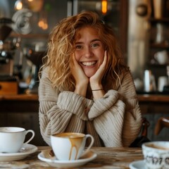 A person receiving great news over coffee, their face lighting up with joy