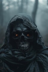 Mysterious Skull in Foggy Forest Under Moonlight
