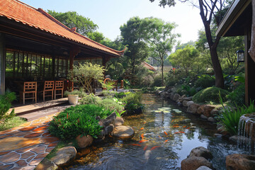 The created image combines the tranquility and architectural beauty of a traditional resort. Surrounded by lush nature. wood and stone structures Reflecting modern Asian feelings	