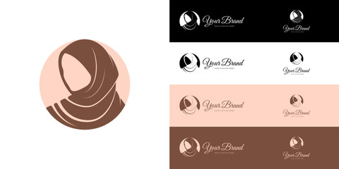 Set Of Simple Elegant Hijab Logo Design With Muslim Woman Silhouette Illustration