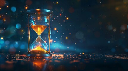 An hourglass with glowing sand flowing, symbolizing the passage of time on a dark background.