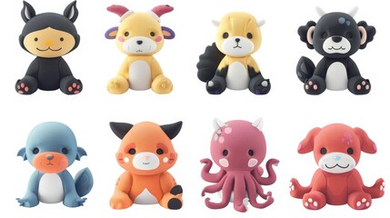 Funny soft seal, cow, cat with octopus and dog plush toys for child play. Cute animals, stuffed dolls for child play, furry kitten or wolf, isolated objects, cartoon modern illustration.