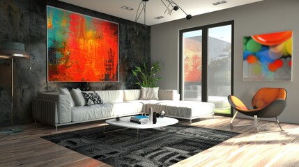 Luxury living room with with comfy sofas, green plants, shining sunlight through window and expensive art and paintwork.