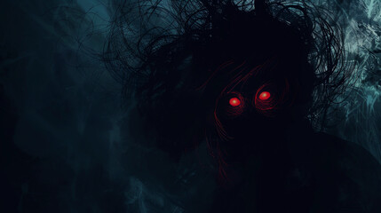 Shadowy Dark Fantasy Art Character With Glowing Red Eyes and Flowing Stringy Hair