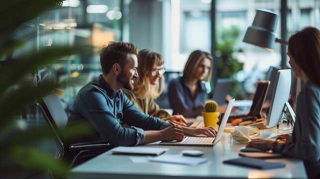 Team of professionals engaging in strategic planning and data analysis in a modern corporate office environment - Powered by Adobe