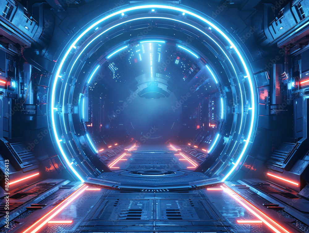 Poster 3d rendering of sci-fi extended background, corridor tunnel of space station ship