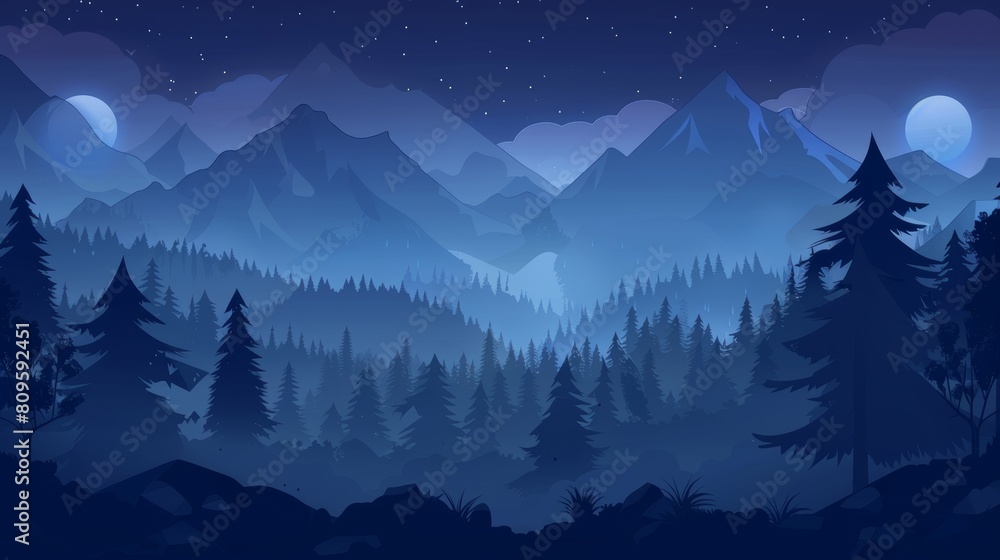 Aufkleber a cartoon landscape background, featuring dark forest, creepy trees and mountain peaks. an ui design