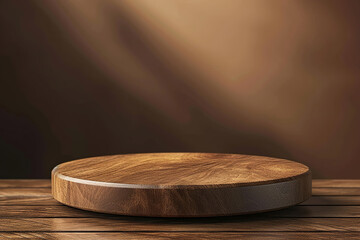 Empty brown wood podium blank advertising desk mockup product display cosmetic stand. Round wooden podium or pedestal for showing product.