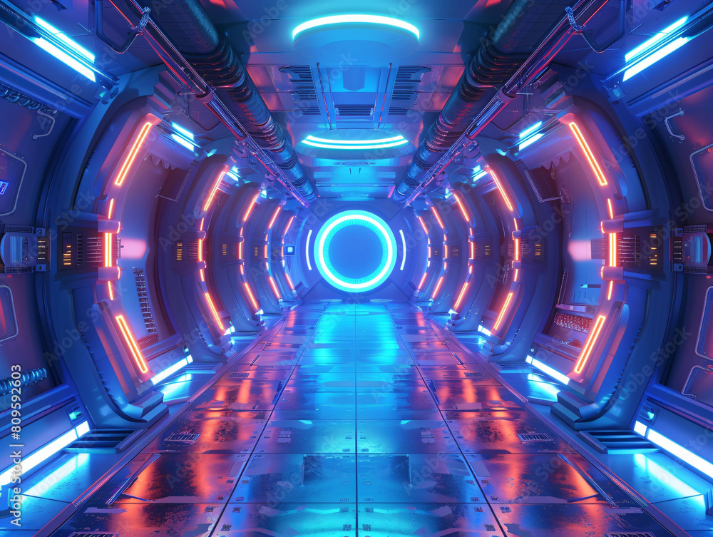 Poster 3d rendering of sci-fi extended background, corridor tunnel of space station ship