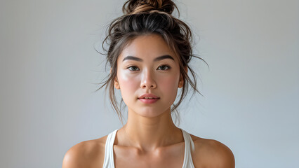Yoga Fashion: Asian Girl with Elegant Updo, Serene Style: Updo Hair for Asian Yoga Girl, Asian Model in Yoga Outfit with Stylish Updo, Fashionable Yoga Look: Asia Girl's Updo Hairstyle