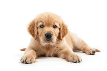 Golden retriever puppy photo on white isolated background