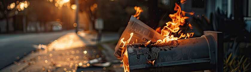 A surreal image of a book burning intensely on a city sidewalk, juxtaposed against a calm urban backdrop.