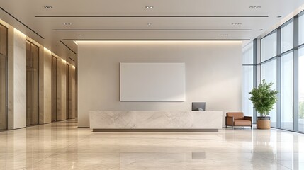 Obraz premium Modern and spacious office lobby design with sleek furniture and clean white wall - Ideal for corporate and creative business settings