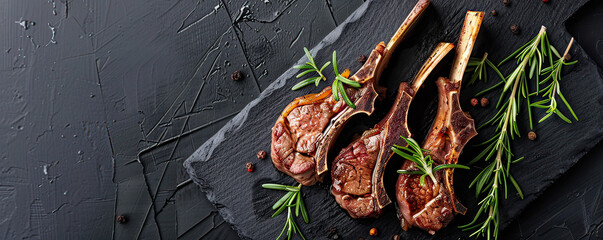 Juicy grilled lamb chops seasoned with rosemary, sea salt, and cracked pepper, artfully arranged on...