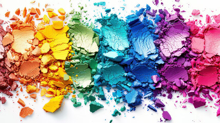 Eyeshadows in rainbow colors, crushed and swatched on white background. Banner of vivid colors used in makeup. Close-up view of cosmetic textures in rainbow palette.