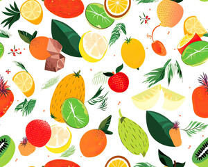 Vibrant seamless pattern of assorted tropical fruits and leaves, ideal for summer-themed designs.