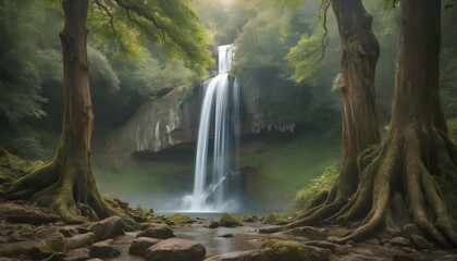 A cascading waterfall surrounded by ancient trees upscaled 4 - Powered by Adobe