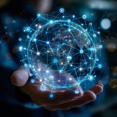 Image of a person's hand dealing with a digital world covered in networks, connectivity to various technologies and social media, access to technology and digital communications around the world