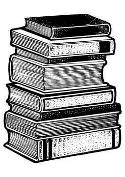 Stack of books sketch engraving PNG illustration. T-shirt apparel print design. Scratch board imitation. Black and white hand drawn image.