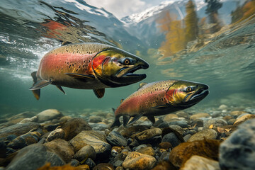 Salmon swimming against river current. Migration for spawning salmon close-up. Underwater picture of salmon swimming in the river during the spawning season.