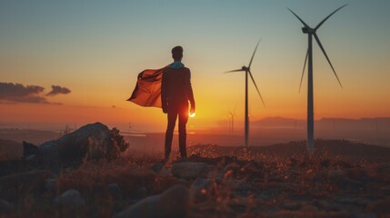 Silhouette of a person with a cape stands heroically before wind turbines at dusk