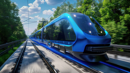 Fototapeta premium Hydrogen-powered train runs on clean energy, producing only water vapor as a byproduct.