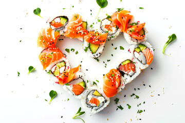 Heart-shaped sushi creation with salmon and avocado, garnished with fish roe, elegantly presented on a white background