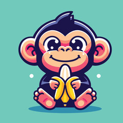 funny chimpanzee eating banana logo cartoon character mascot