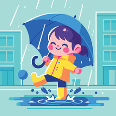 cartoon of a cute child with an umbrella playing in the rain