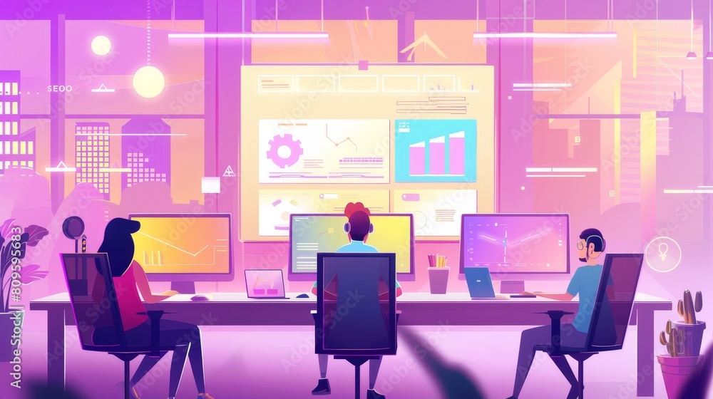 Poster graphs and charts show teamwork with seo analytic data. concept of business analysis of search engin