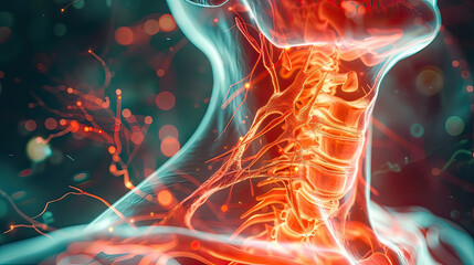 Dynamic and colorful digital illustration of human neck anatomy, showcasing muscles and nerves with a radiant light effect.